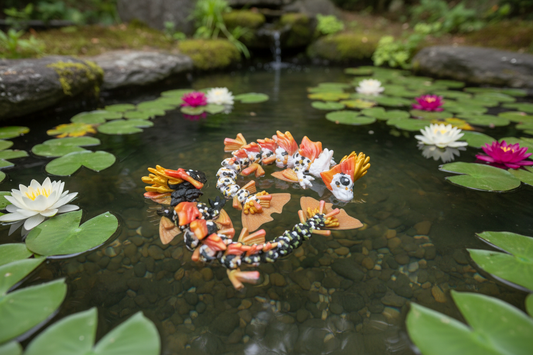Colorful baby koi dragon figurine SWIMMING IN A POND